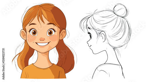 Smiling cartoon girl with cute outline vector illustration isolated on white background