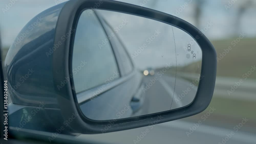 Side view mirror reflects road and distant headlights while car moves forward Side view mirror reflects road and distant headlights while car moves forward