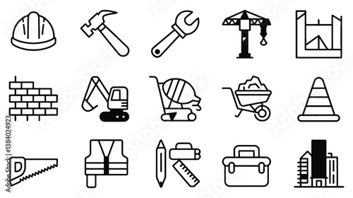 Black And White Construction Tools And Equipment Vector Icon Set Design