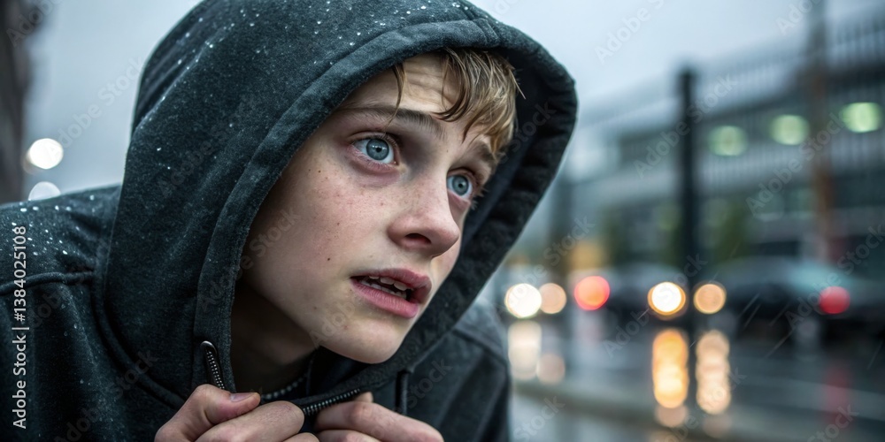 Boy in hoodie looks worried during rain in urban setting, city streets in the background