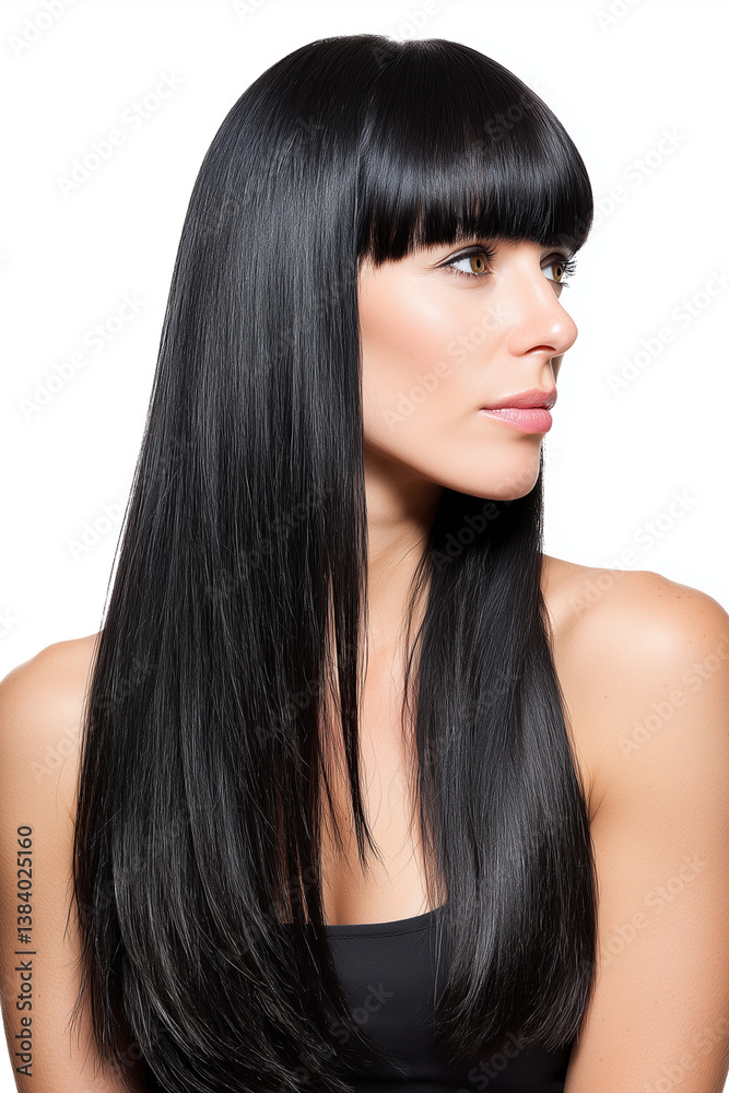 Fototapeta premium Profile portrait of woman with long straight black hair and bangs isolated on white