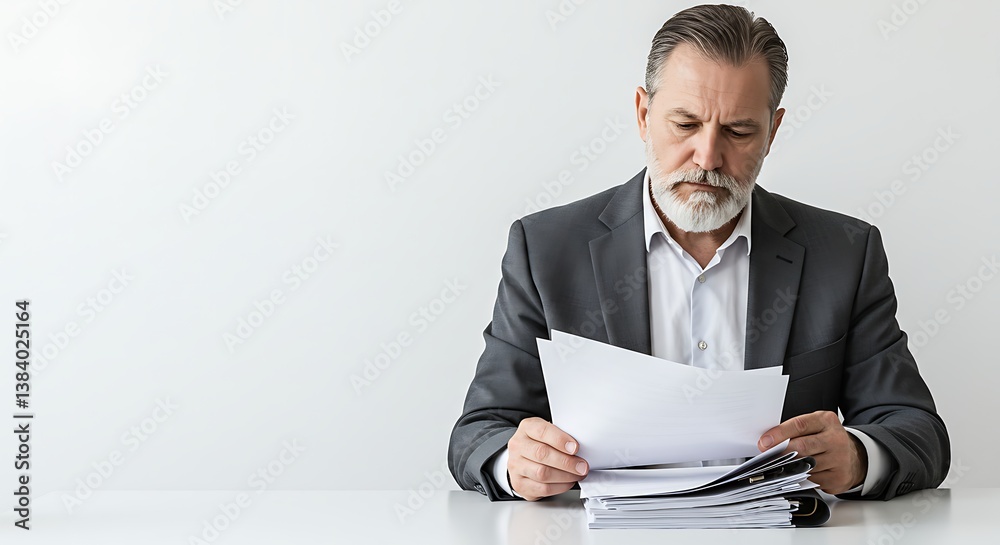 Focused Analysis: A focused, experienced professional meticulously reviews documents at a desk, suggesting concentration and deliberation in a clean setting. Focused Analysis: A focused, experienced professional meticulously reviews documents at a desk, suggesting concentration and deliberation in a clean setting.
