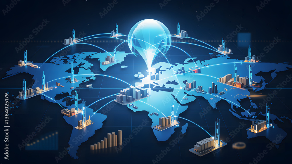 A dynamic 3D-rendered global logistics network map with glowing blue connection lines linking warehouses across continents. A dynamic 3D-rendered global logistics network map with glowing blue connection lines linking warehouses across continents.
