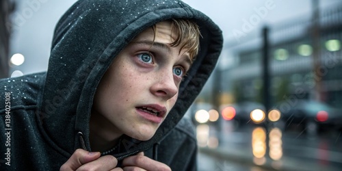 Obraz na płótnie Boy in hoodie looks worried during rain in urban setting, city streets in the background w salonie