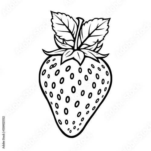 Line Art Illustration Of A Single Ripe Strawberry With Leaves