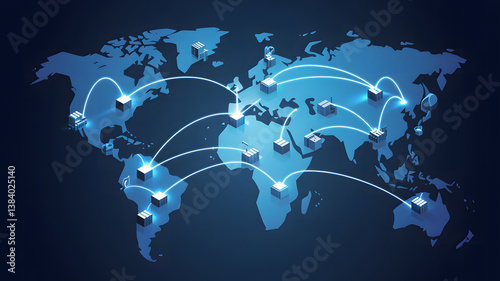 A dynamic 3D-rendered global logistics network map with glowing blue connection lines linking warehouses across continents.