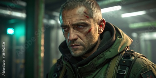 Intense character contemplation in a dimly lit urban environment with scars and marks of battle