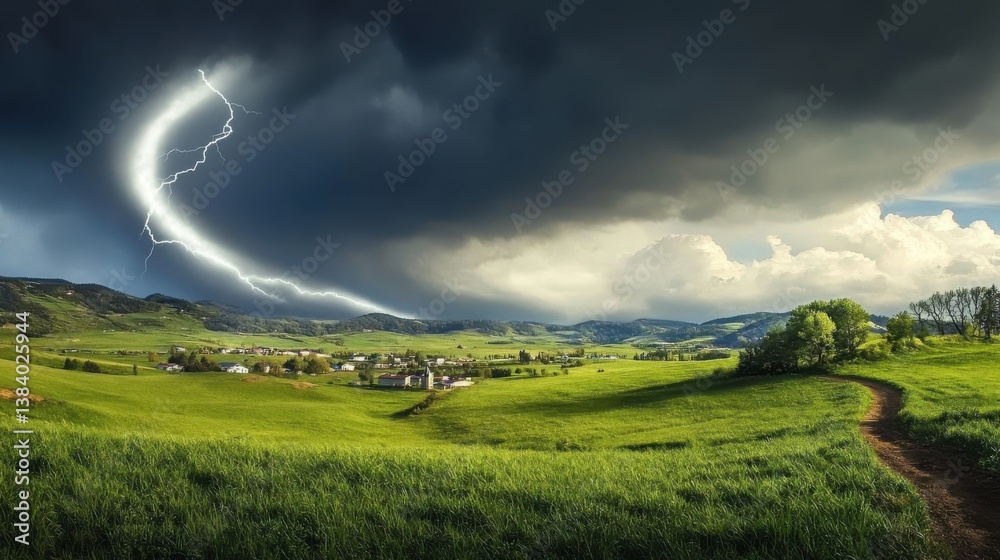 Lightning striking near a small village in a green valley Lightning striking near a small village in a green valley