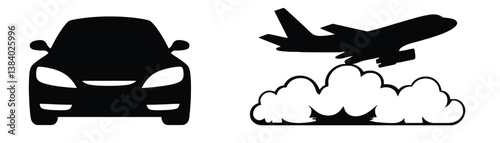 Car And Airplane Transportation Black Silhouette Graphic Illustration Vector Design