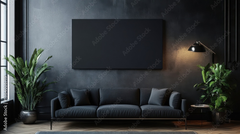 a living room with a couch and a plant