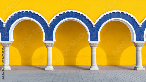 Vibrant blue Moorish style arches with white columns and yellow wall façade.