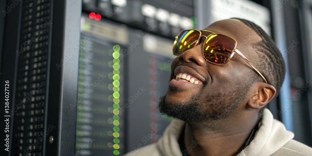Smiling man wearing sunglasses enjoys music in a modern studio filled with equipment during daylight