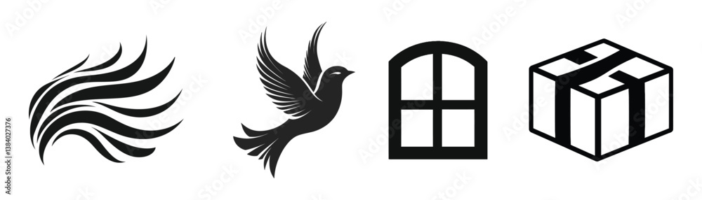 Four Symbolic Minimal Icons Including Wind Bird Window And Package Delivery Four Symbolic Minimal Icons Including Wind Bird Window And Package Delivery