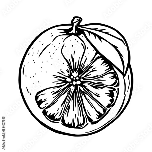 A Detailed Line Drawing Of A Juicy Orange Half-Revealing Its Zesty Interior With A Single Leaf