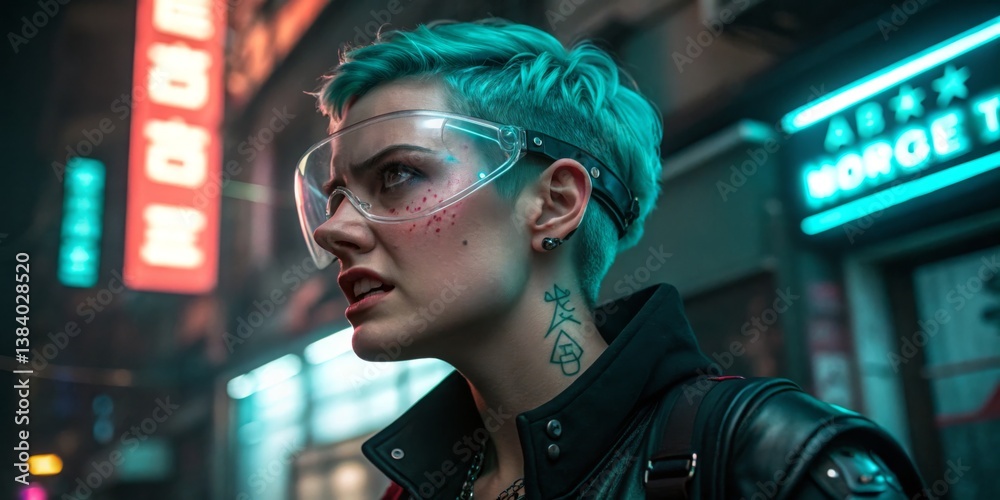 Young woman with blue hair and futuristic glasses in a neon-lit urban alleyway at night engages in an intense conversation