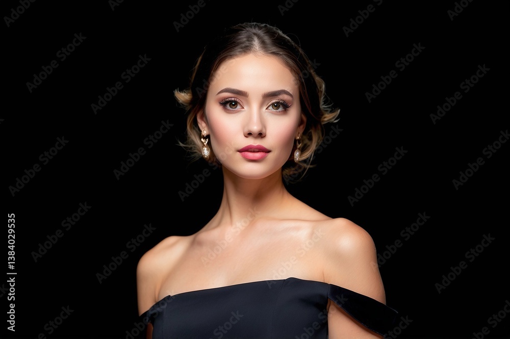 Naklejka premium a beautiful woman with black dress against a dark background