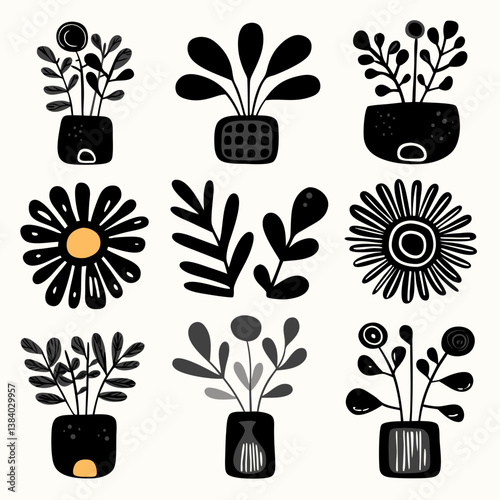 Botanical Illustrations: A collection of stylized illustrations of various potted plants and flowers, showcasing a modern and artistic aesthetic with clean lines and bold contrasts