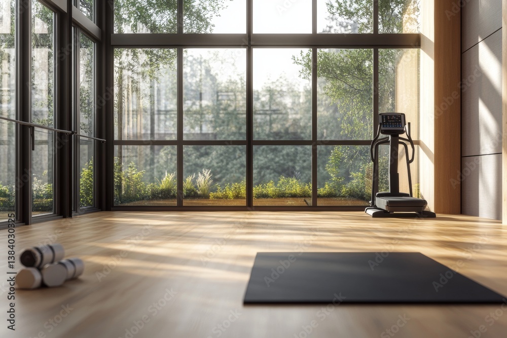 Fototapeta premium Bright and modern gym with minimalist decor, natural light, and yoga mat in a luxurious setting