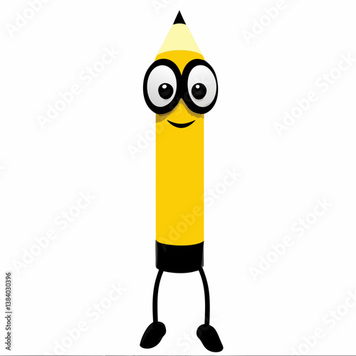 A cheerful yellow pencil character, ready for an adventure, sporting big round glasses and a happy smile against a plain white background.