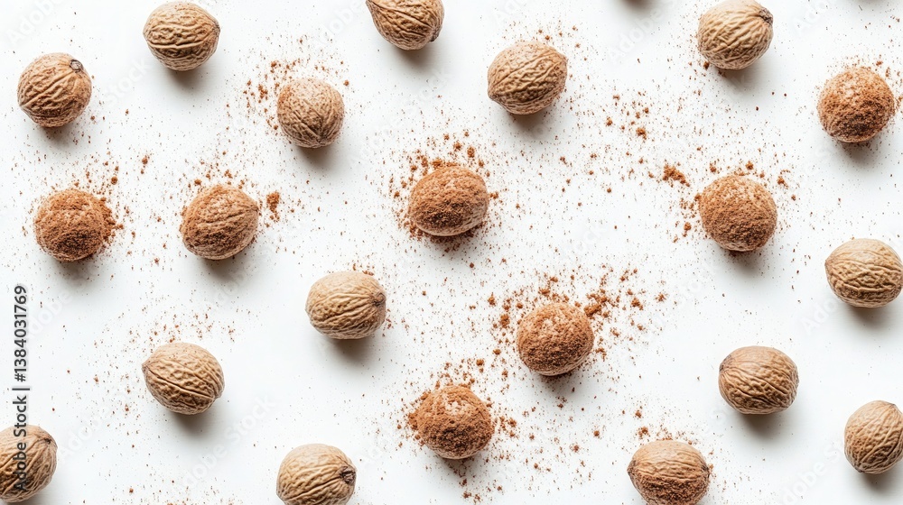 A symmetrical grid of nutmeg seeds placed on the white surface A symmetrical grid of nutmeg seeds placed on the white surface