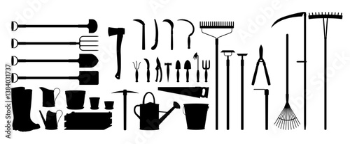 Garden tools set. Vector illustration isolated on white. Silhouette and icons.