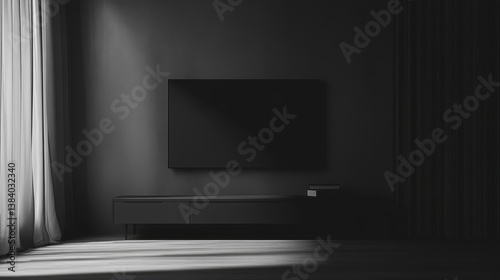 Fototapeta Naklejka Na Ścianę i Meble -  Tv cabinet in modern empty room,Dark wall, 3d rendering