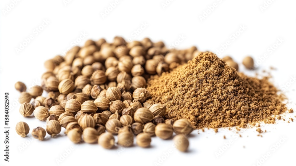 A vibrant composition featuring coriander seeds in a small pile A vibrant composition featuring coriander seeds in a small pile