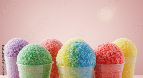 Colorful shaved ice cones arranged in clear cups against a soft pastel background, evoking a refreshing and joyful mood, perfect for warm weather treats