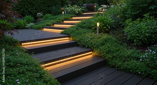 Illuminated garden pathway with soft lighting and lush greenery conveying a calm atmosphere ideal for evening strolls surrounded by flowering plants