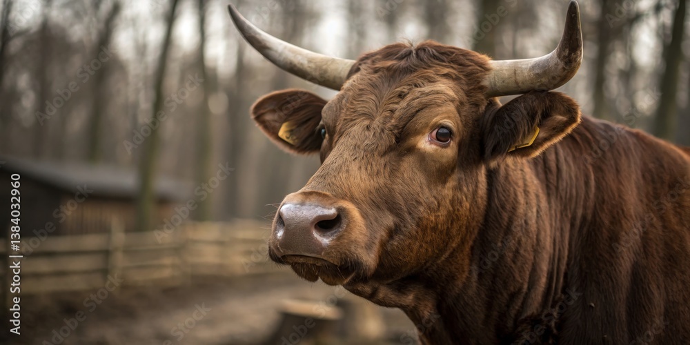 Brown cow standing calmly in a forested area near a wooden fence during late afternoon