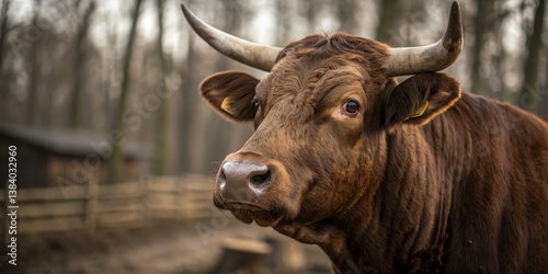 Obraz na płótnie Brown cow standing calmly in a forested area near a wooden fence during late afternoon w salonie