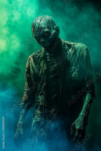 A zombie walks through a foggy room filled with eerie vibes