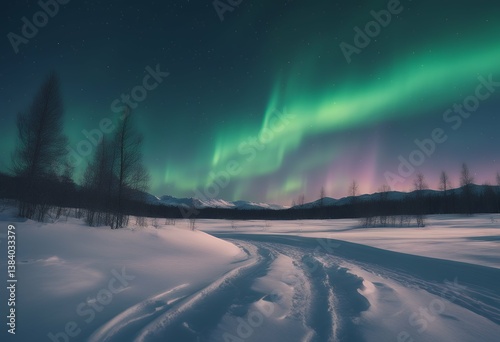 northern copy green beautiful over terrain snow lights aurora covered borealis banner space scandinavia light star ocean water natural wallpaper snow-covered no people mountain night cold galaxy