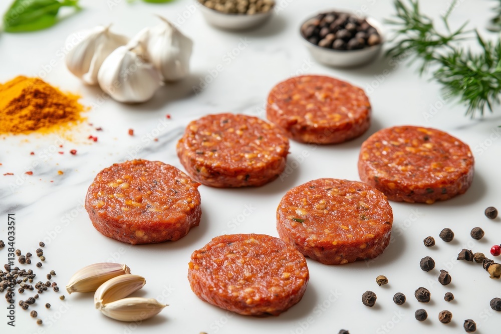 Many uncooked patties and spices on white marble table, closeup Many uncooked patties and spices on white marble table, closeup