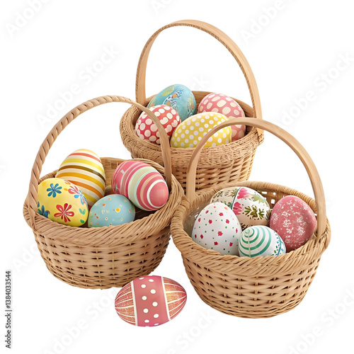Collection of Easter eggs in a basket and nest on a white background.
