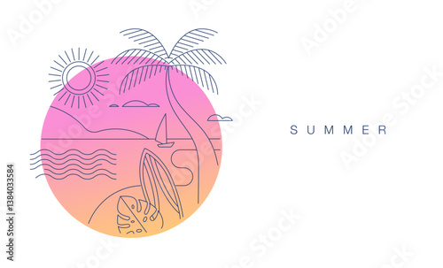 Minimalist summer concept design with color gradient. Linear simple, modern style. Summer background with palms, beach, sea and sun illustration