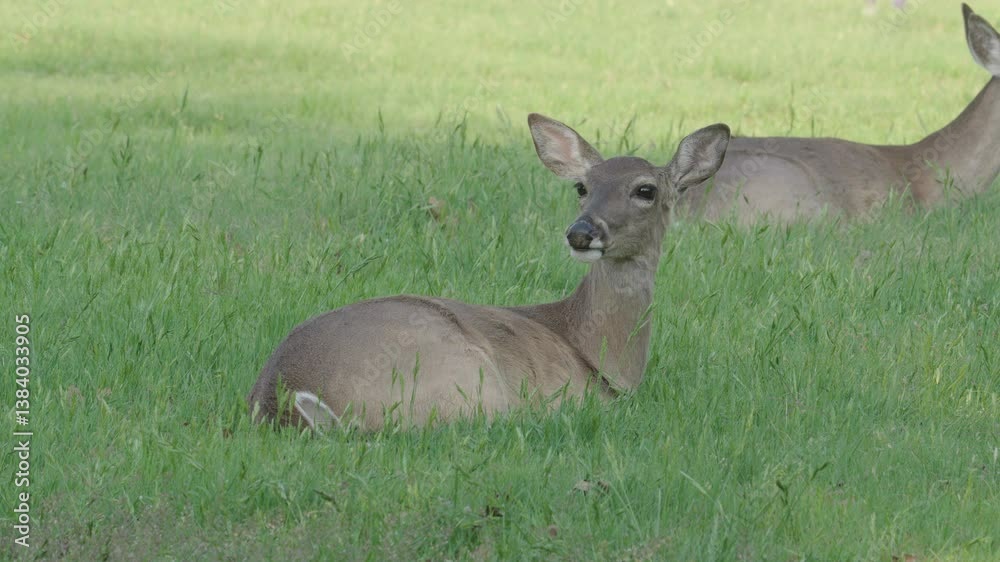 White-tailed deer laying down in grassy backyard White-tailed deer laying down in grassy backyard