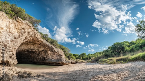 Coastal cave beach scenic, sunny sky, travel, nature