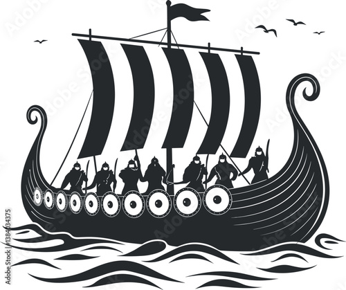Design in Old Norse style. Ancient Celtic Scandinavian warriors with spears and shields. Viking ships Drakkars, isolated on white, vector illustration