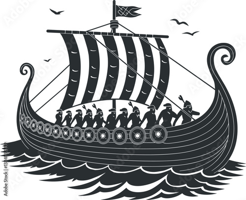 Design in Old Norse style. Ancient Celtic Scandinavian warriors with spears and shields. Viking ships Drakkars, isolated on white, vector illustration