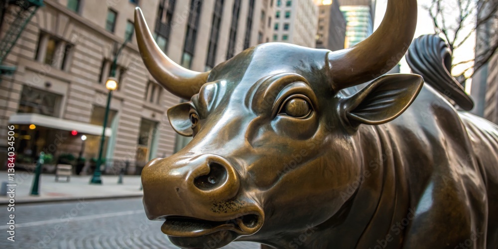 Bull sculpture stands proudly on Wall Street, highlighting financial district's iconic art and culture during early morning light