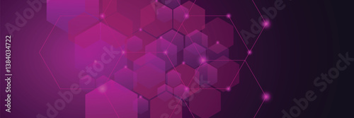 purple horizontal hexagonal technology abstract vector background. Red bright energy flashes under the hexagon in a wide banner of futuristic modern technology. vector