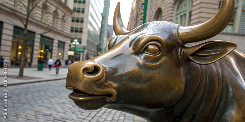 Sculpture of a bull on Wall Street in New York City during the early morning hours