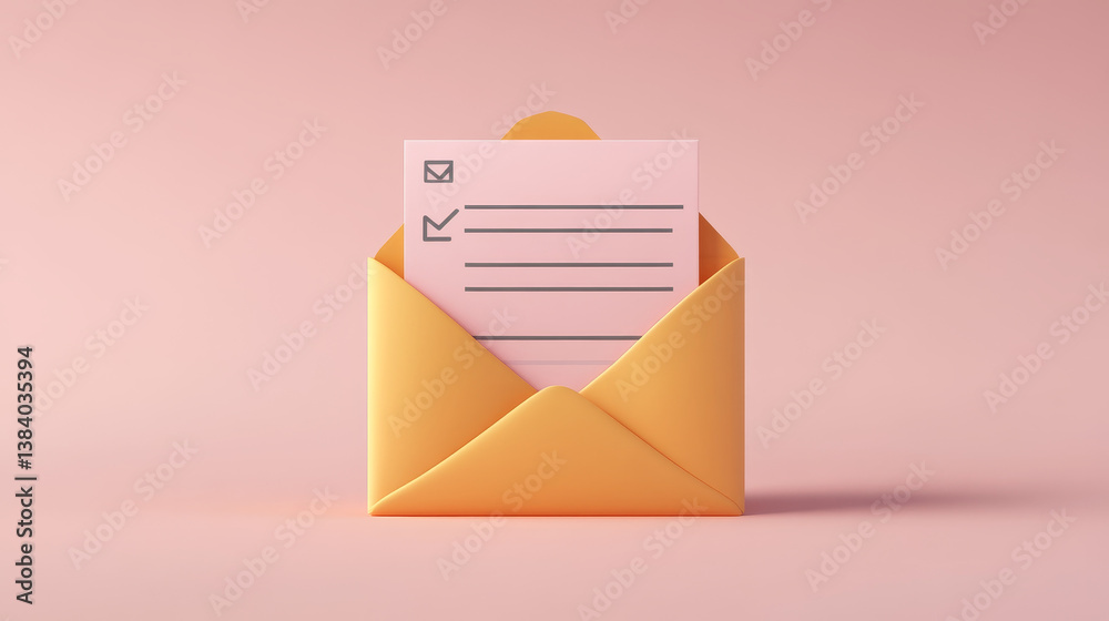 3D Letter with completed task or checklist in envelope isolated on background with empty copy space for text or promotion. Business illustration. Realistic elements for banner template. 3D Rendering 3D Letter with completed task or checklist in envelope isolated on background with empty copy space for text or promotion. Business illustration. Realistic elements for banner template. 3D Rendering