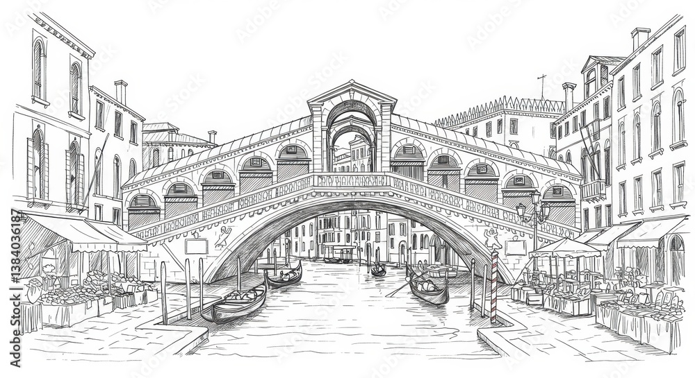 Black and White Sketch of Rialto Bridge, Venice Black and White Sketch of Rialto Bridge, Venice