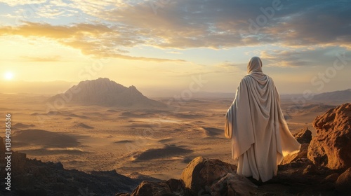 Biblical spy Joshua gazing at the land of Canaan, dressed in traditional robes with a desert backdrop, symbolizing faith and divine promise.