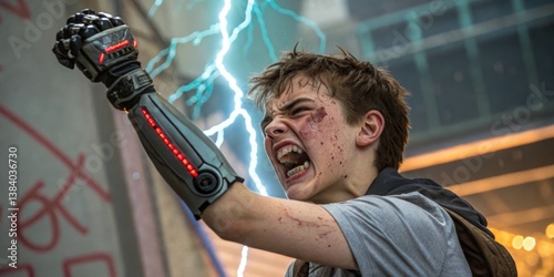 Teen with mechanical arm showing fierce expression in urban setting during a thunderstorm