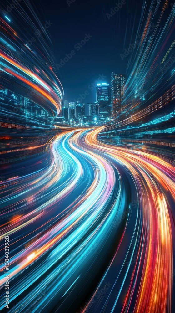 Futuristic cityscape with digital data streams and light trails Futuristic cityscape with digital data streams and light trails