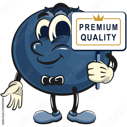 Cute blueberry fruit vektor illustration mascot character with a sign that says premium quality, work of hand drawn
