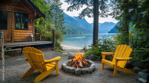 Two bright yellow chairs sit around a crackling campfire by a calm, reflective lake surrounded by mountains. A cozy cabin stands nearby amidst lush greenery on a sunny day